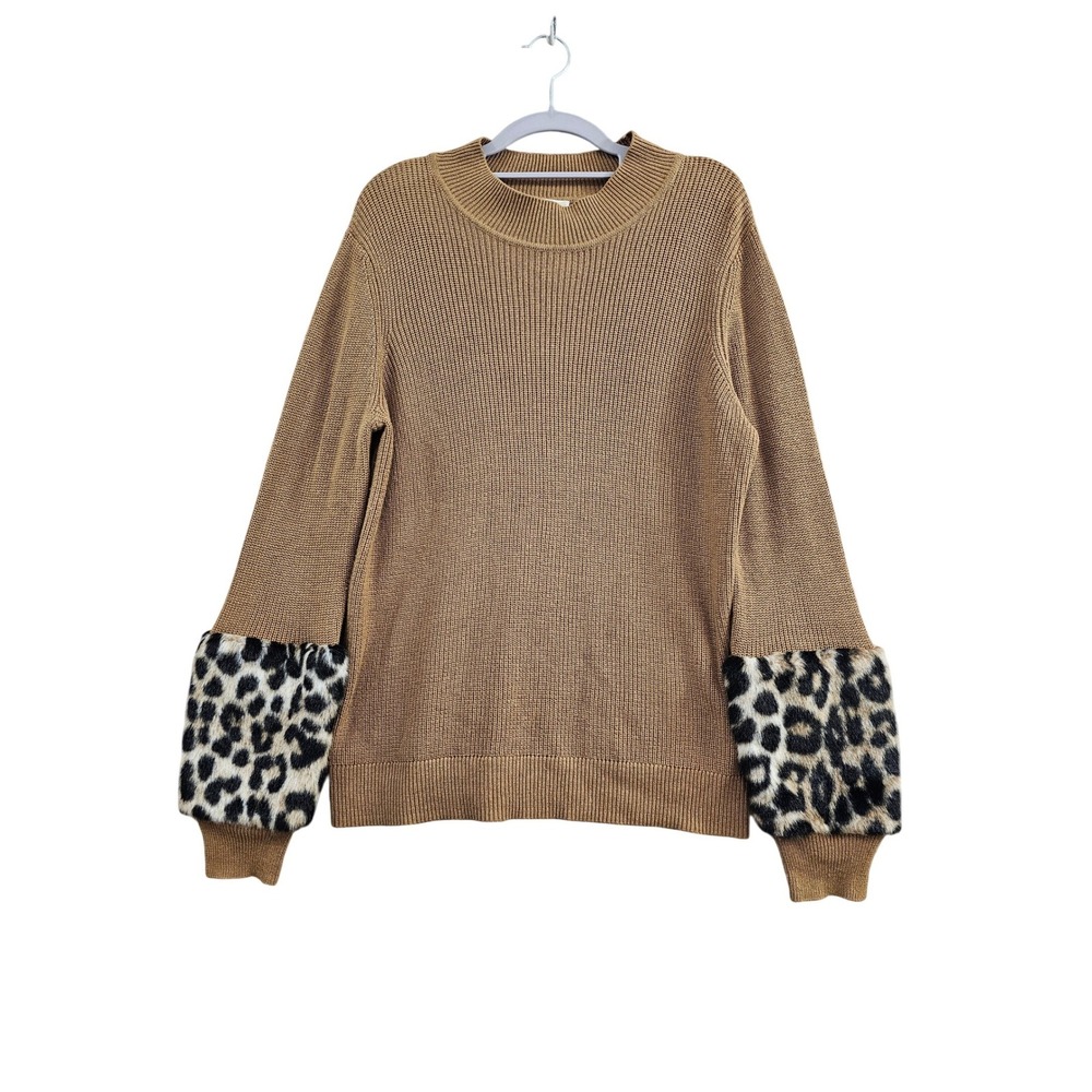 Michael Kors Sweater Womens Large Tan Leopard Faux Fur Cuff Ribbed Knit Pullover